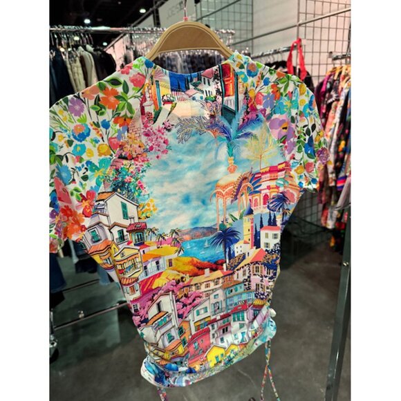 Johnny Was Cannes Drawstring Surf Shirt Short Swim Rash Guard White Blue Top NEW - Picture 8 of 8